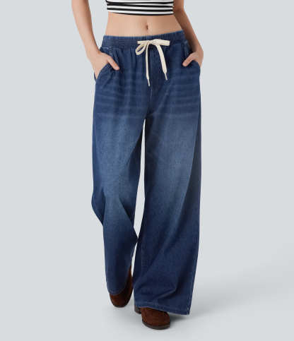 FlexLow Rise Drawstring Stretchy Knit Casual Baggy Sweatpants Jeans with Multiple Pockets