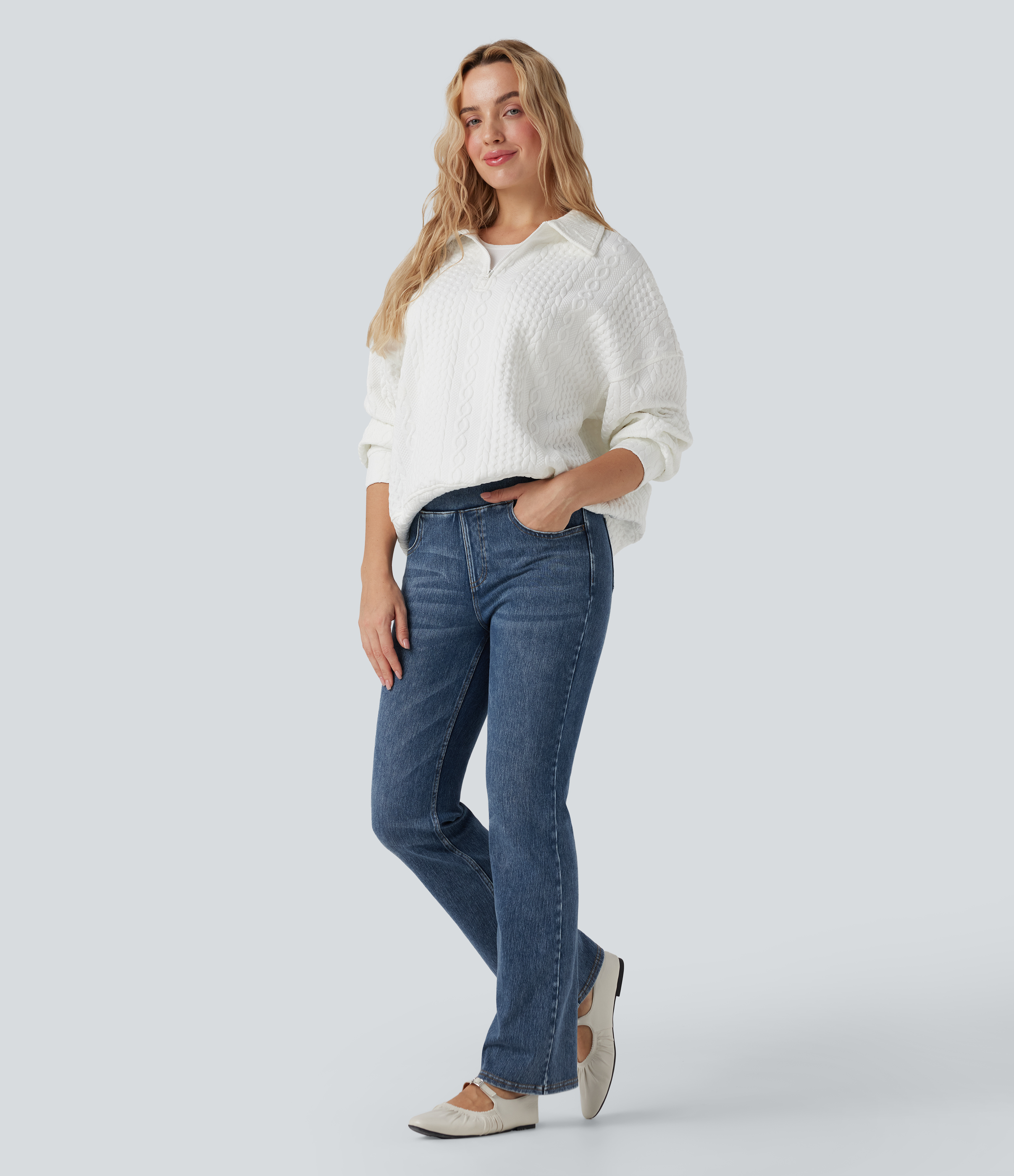 FlexHigh Waisted Washed Casual Bootcut Jeans with Pockets