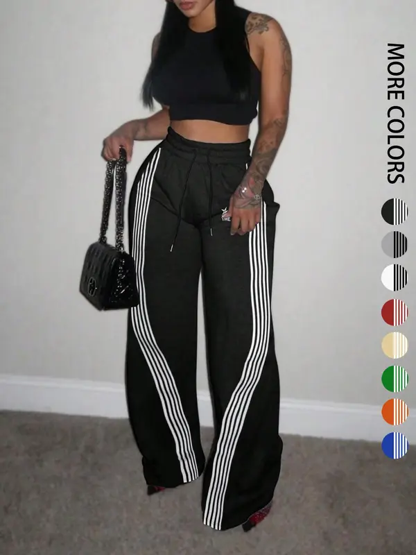 Women's Colorblock Striped Print Drawstring Waist Sweatpants, Comfy, Casual Pocket Pants for Daily Wear, Ladies Bottoms for All Seasons, Casual Fashion Pants
