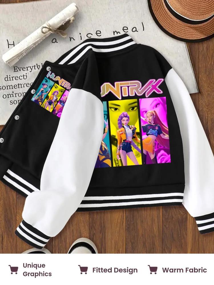 Girls' Halloween Christmas Short Baseball Jacket Coat, Casual Sports School Uniform, Elastic Fabric, Youth Fashion Outerwear