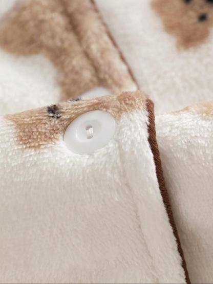 Two-piece Set Women's All Over Cartoon Bear Print Lapel Collar Top & Elastic Waist Pants Pajama Set, Long Sleeve Button Up Top & Pants Pj Set, Women's Sleepwear for Winter