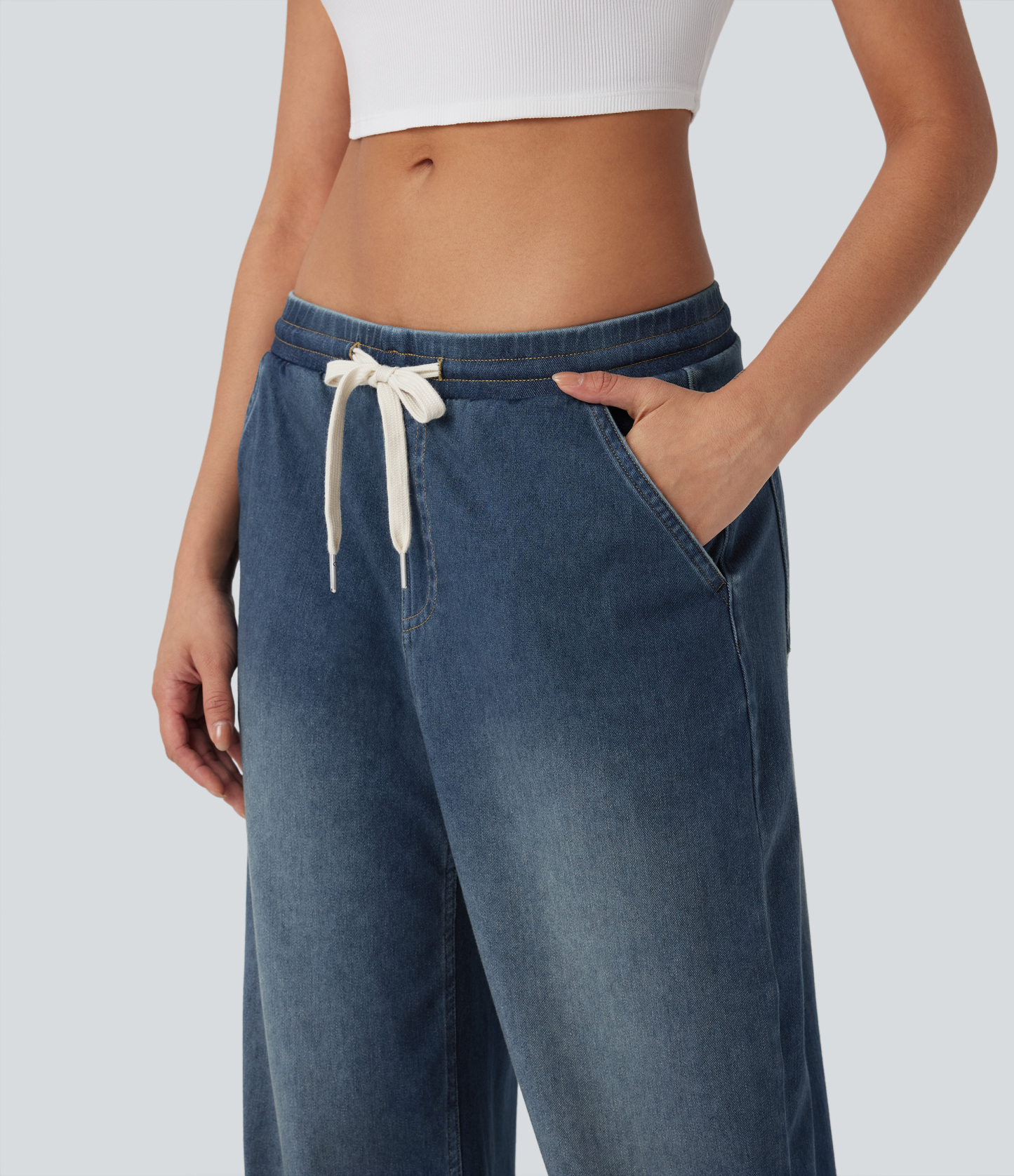 FlexLow Rise Drawstring Stretchy Knit Casual Baggy Sweatpants Jeans with Multiple Pockets