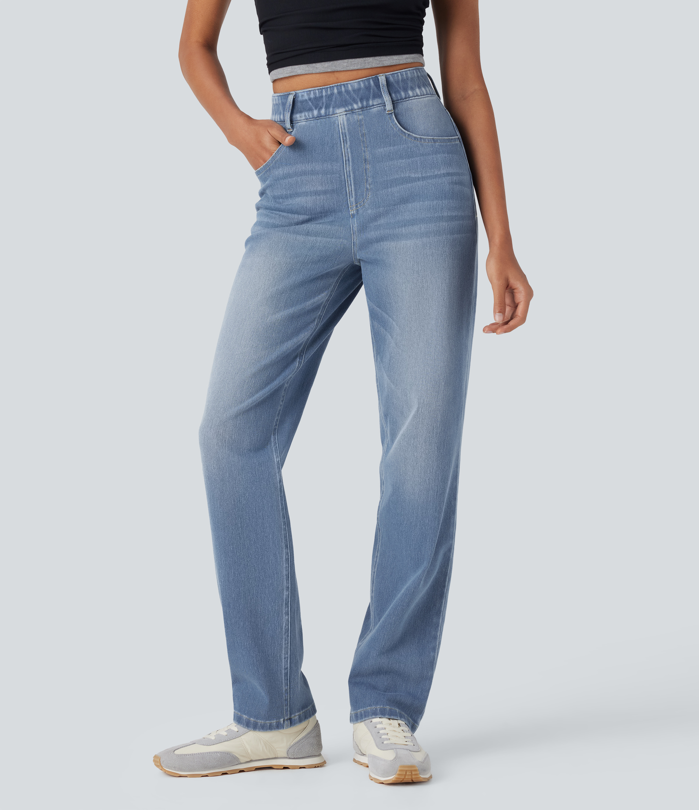 FlexHigh Waisted Pockets Straight Leg Washed Casual Jeans