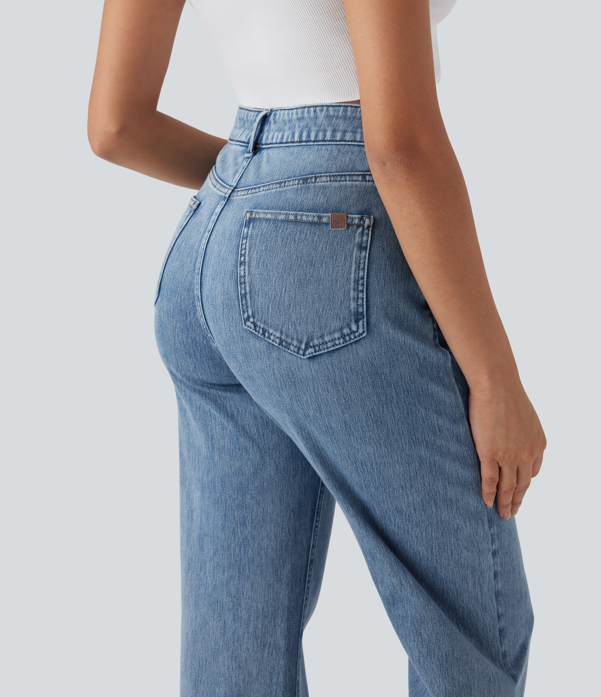 FlexHigh Waisted Zipper Pockets Straight Leg Casual Jeans