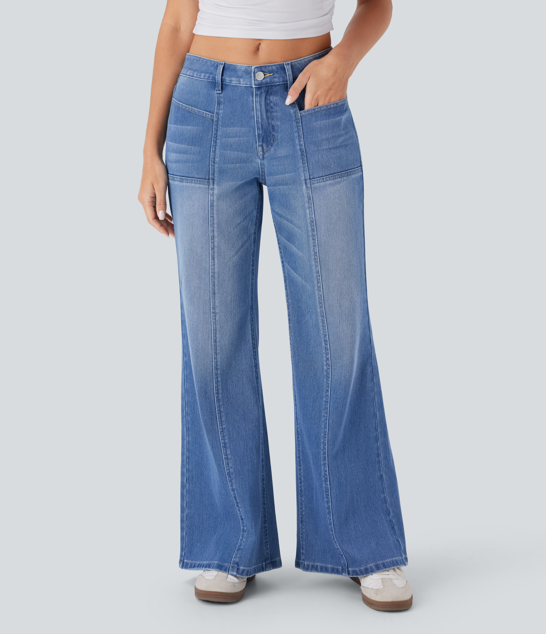 FlexLow Rise Zipper Pockets Baggy Wide Leg Flare Washed Casual Jeans