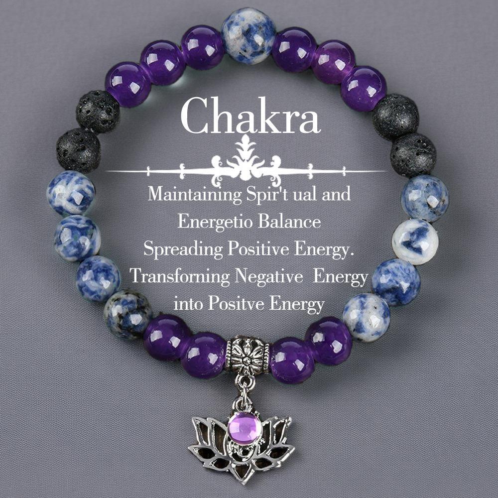 ARPURRAINA Beaded Bangle With Yoga Lotus Charm Natural Stone Crystal Jewelry Blue Bracelet Elastic Band Chakra Protection Encouragement Gift