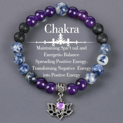ARPURRAINA Beaded Bangle With Yoga Lotus Charm Natural Stone Crystal Jewelry Blue Bracelet Elastic Band Chakra Protection Encouragement Gift