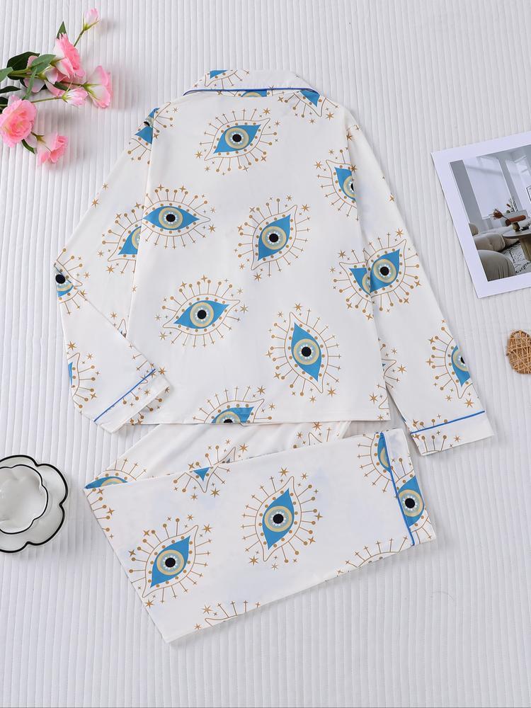 Women's Sleepwear Set, Eye Pattern Print, Holiday Party Pajamas, Soft Shirt Collar Top & Elastic Pants, Casual Home Wear