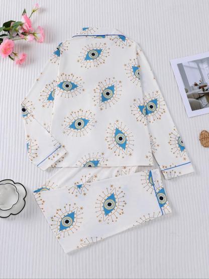 Women's Sleepwear Set, Eye Pattern Print, Holiday Party Pajamas, Soft Shirt Collar Top & Elastic Pants, Casual Home Wear