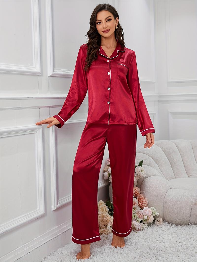 Women'S Red Satin Pajama Set - Long Sleeve, Button-Up, Casual Style, Perfect for Fall/Winter, Cozy Home Wear, Cozy Home Wear | Satin Finish | Satin Fabric