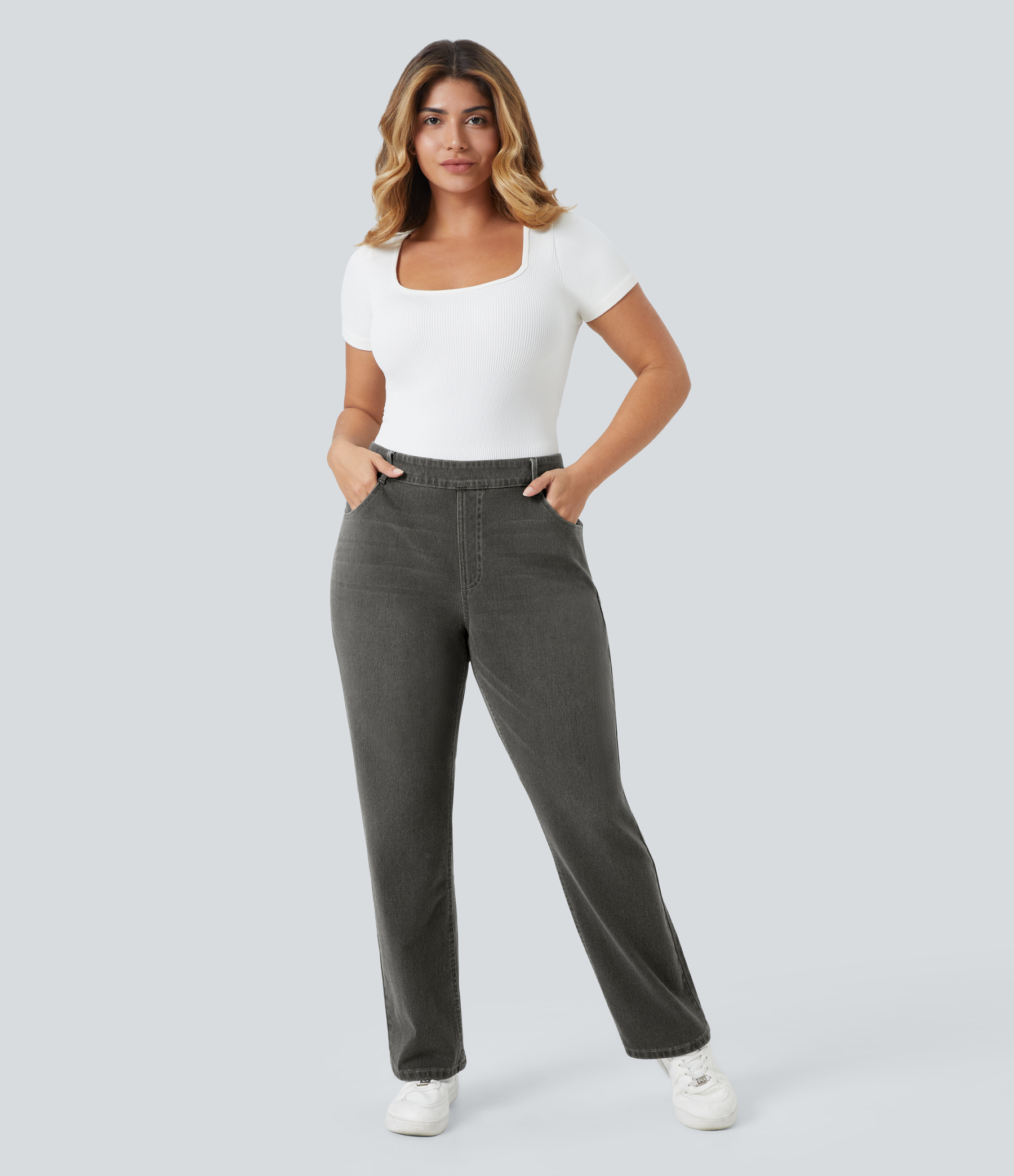 FlexHigh Waisted Pockets Straight Leg Washed Casual Plus Size Jeans