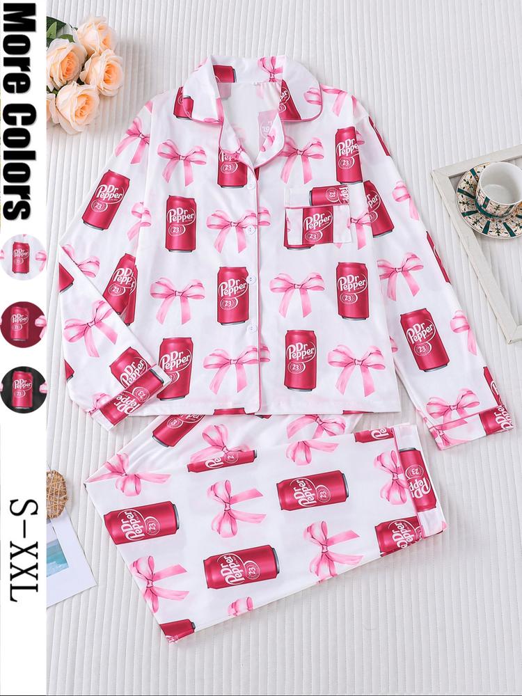Women's 2-Piece Pajama Set, Long Sleeve Top & Elastic Pants, Casual Fall Winter Sleepwear, All over Print Design