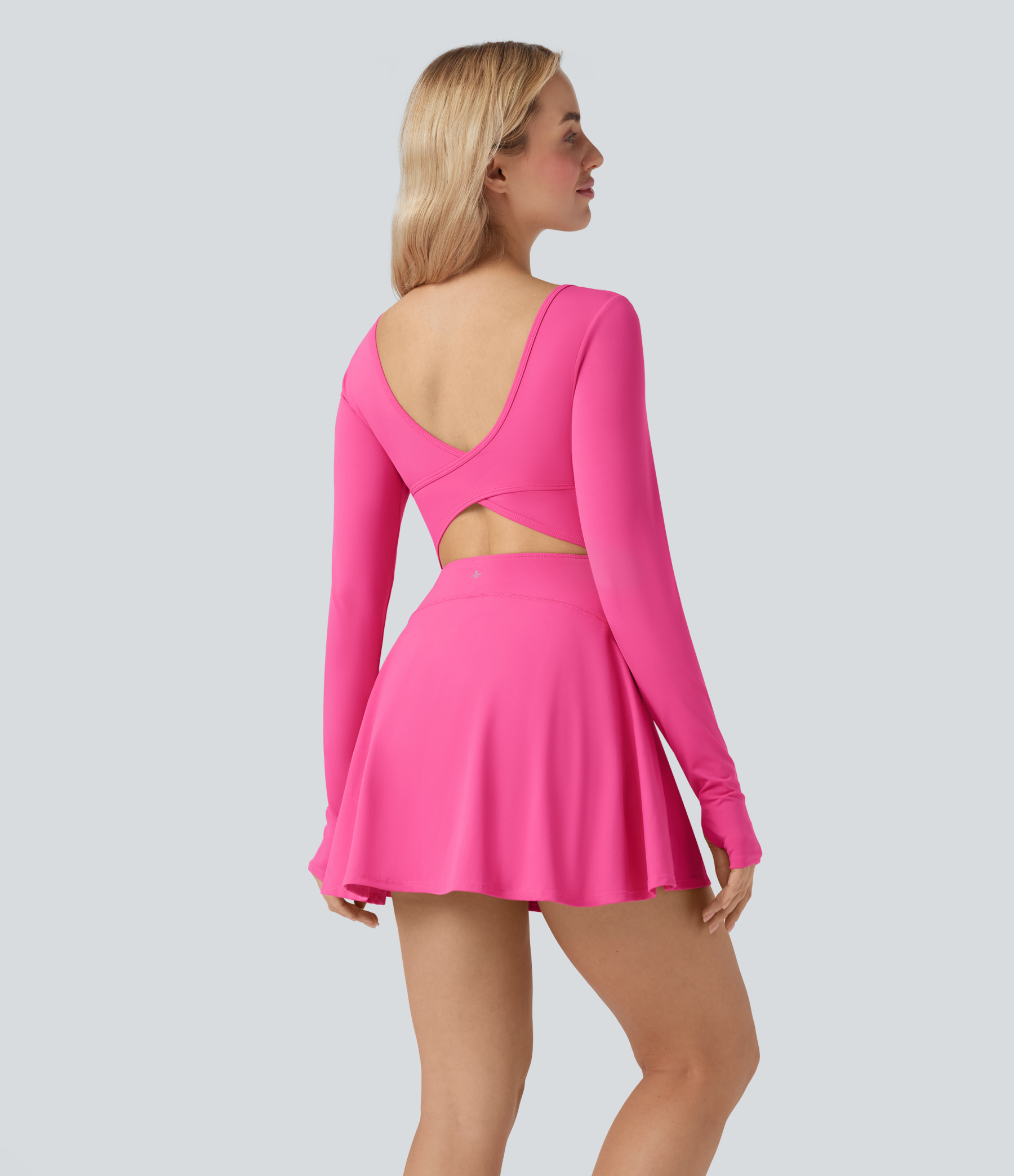 SoftlyZeroAiry U Neck Long Sleeve Thumb Hole 2-in-1 Cool Touch Mini Dance Active Dress with Pockets-Easy Peezy