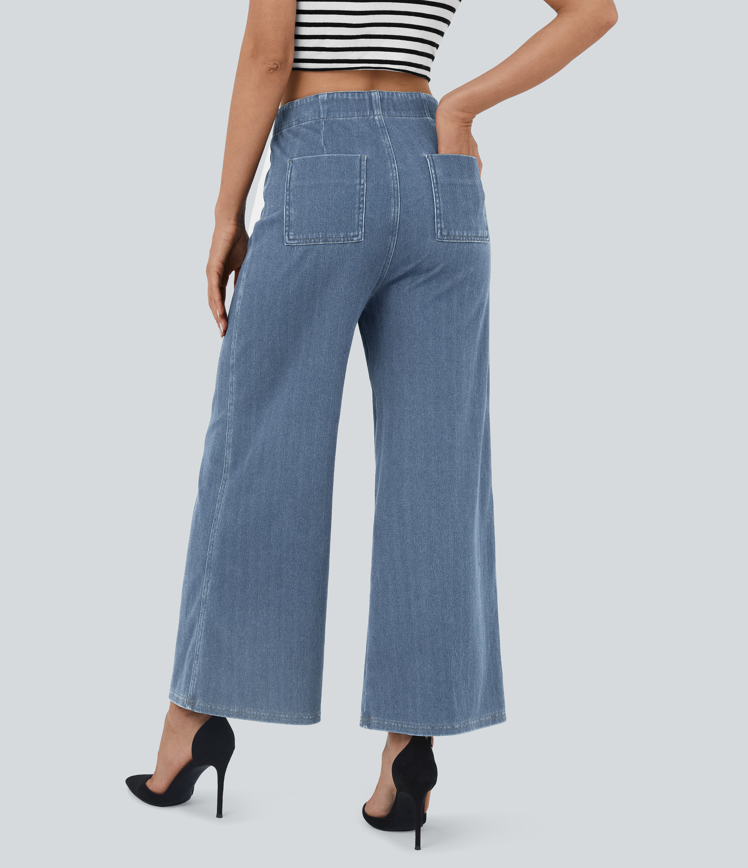 FlexHigh Waisted Pockets Washed Casual Wide Leg Jeans