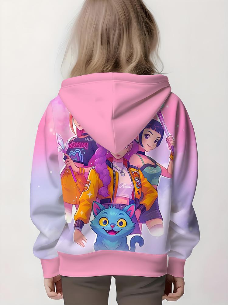 Girls Kpop Demon Hunters Korean Fashion Graphic Casual Hoodie, Spring & Fall Comfortable Sweatshirt, Cute Anime Character Print, Christmas Gift
