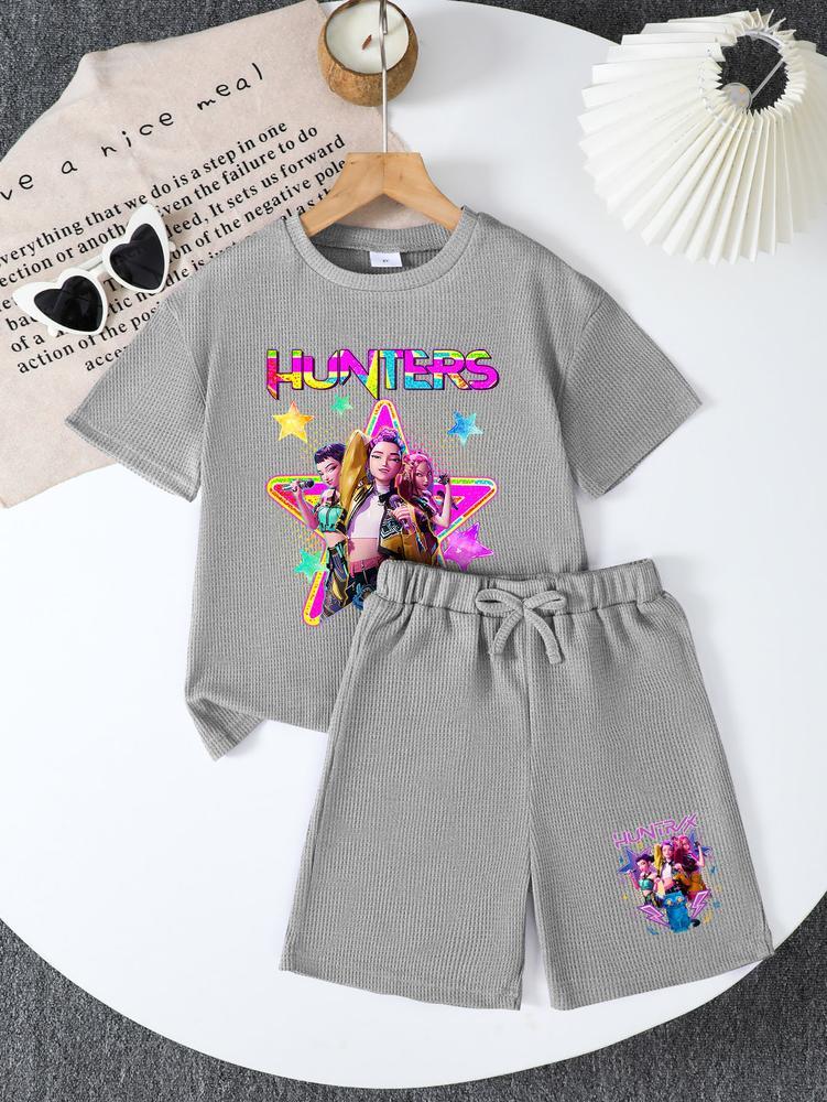 CrevNeck Teen Girls Outfit Purple Graphic Print Short Sleeve T-Shirt & Shorts Set for Spring Summer Fall Casual Wear