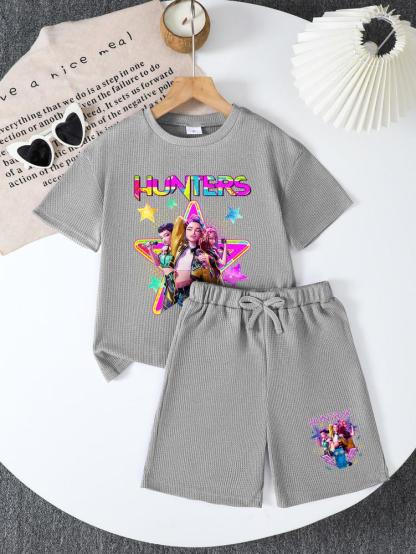 CrevNeck Teen Girls Outfit Purple Graphic Print Short Sleeve T-Shirt & Shorts Set for Spring Summer Fall Casual Wear