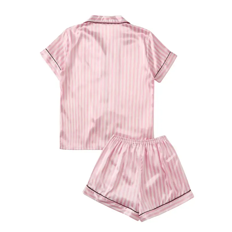 LYANERS Women's Striped Silky Satin Pajamas Short Sleeve Top with Shorts Sleepwear PJ Set Loungewear