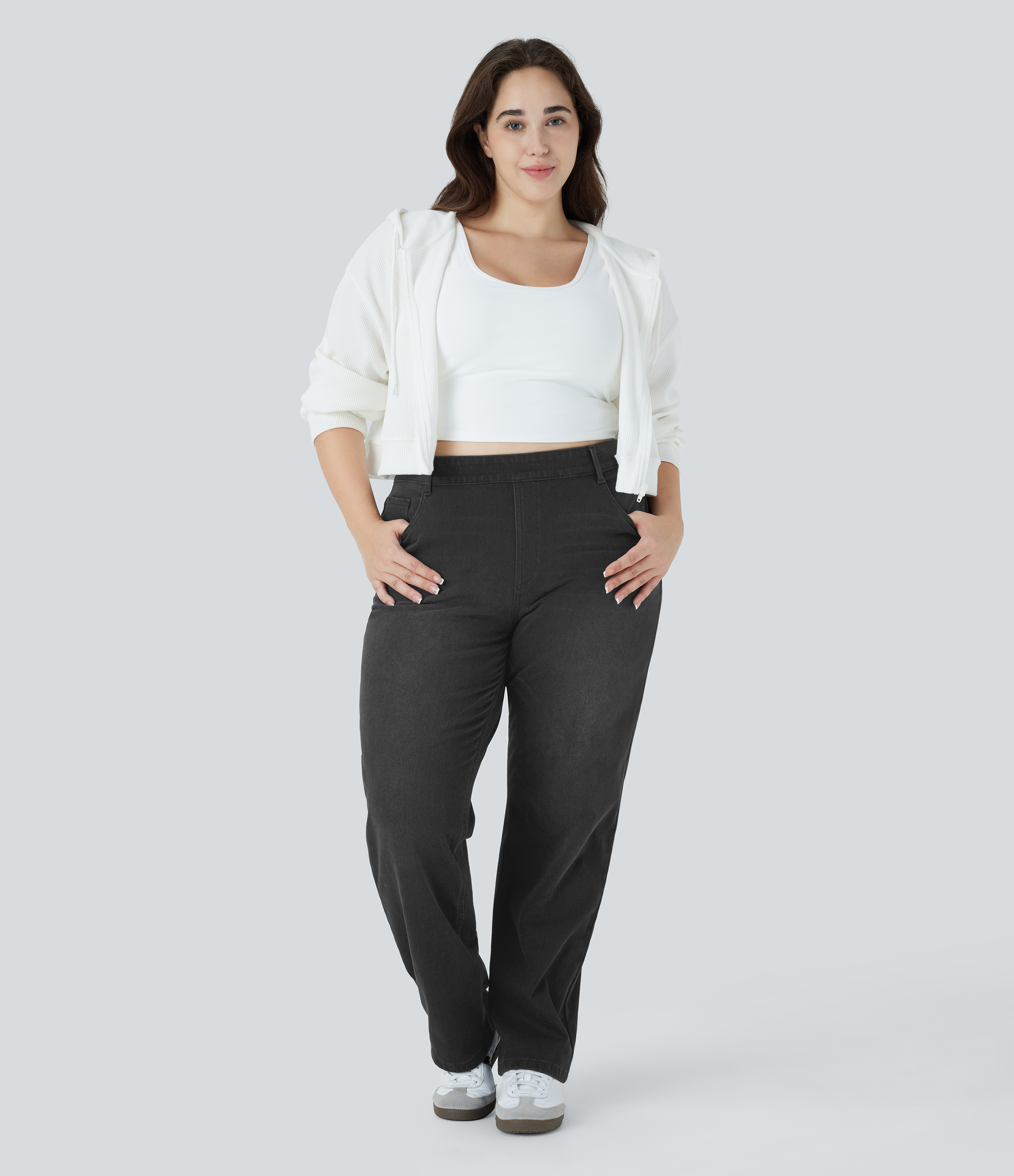 FlexHigh Waisted Pockets Straight Leg Washed Casual Plus Size Jeans
