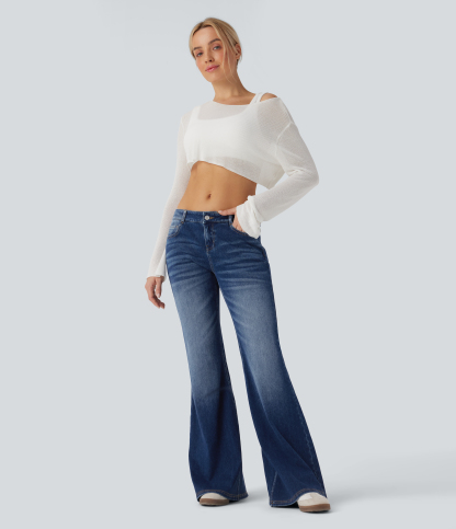 FlexLow Rise Flare Washed Casual Jeans with Pockets