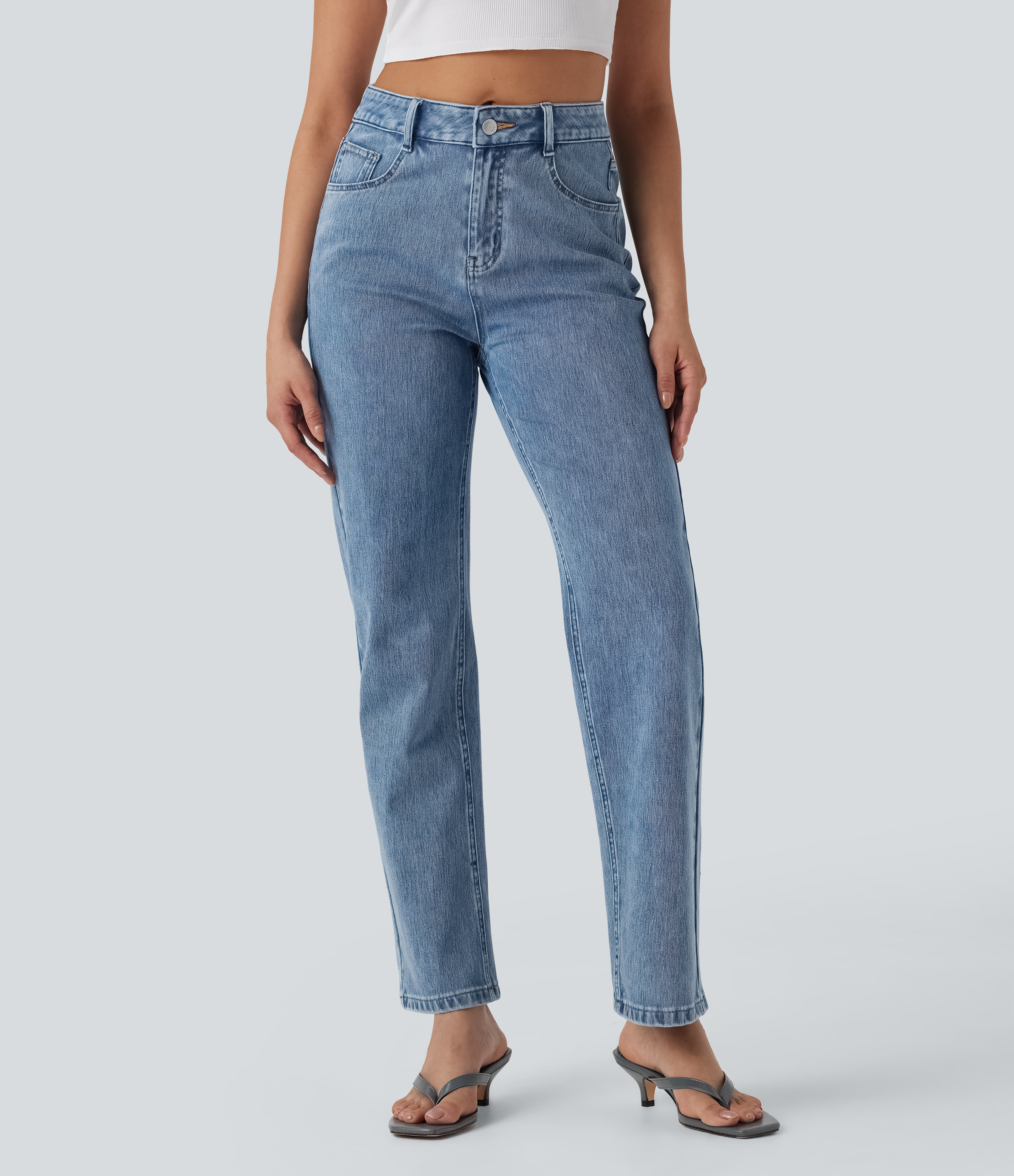 FlexHigh Waisted Zipper Pockets Straight Leg Casual Jeans