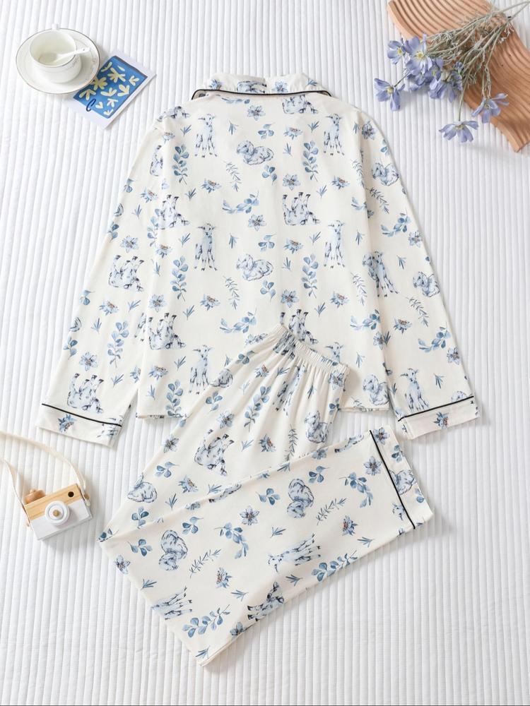 Two-piece Set Women's All Over Dog Print Lapel Neck Button Front Pajama Set, Casual Comfy Long Sleeve Top & Pants Pj Set, Women's Sleepwear for Spring & Fall