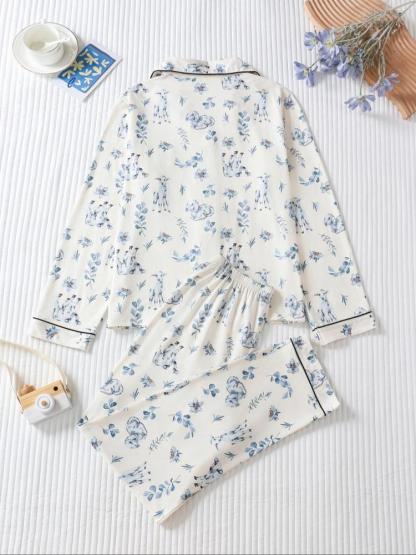 Two-piece Set Women's All Over Dog Print Lapel Neck Button Front Pajama Set, Casual Comfy Long Sleeve Top & Pants Pj Set, Women's Sleepwear for Spring & Fall