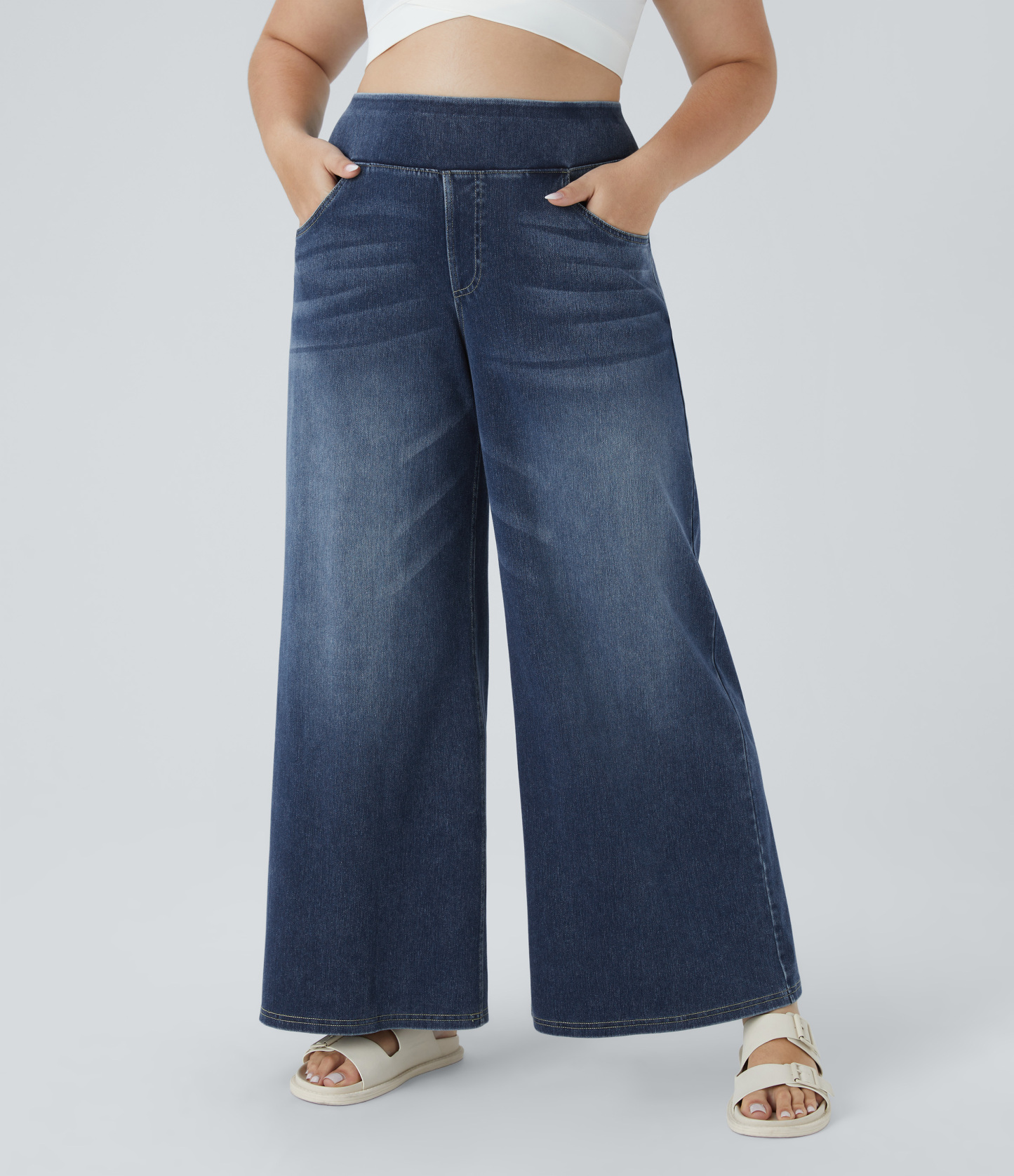 FlexHigh Waisted Pockets Baggy Wide Leg Washed Casual Plus Size Jeans