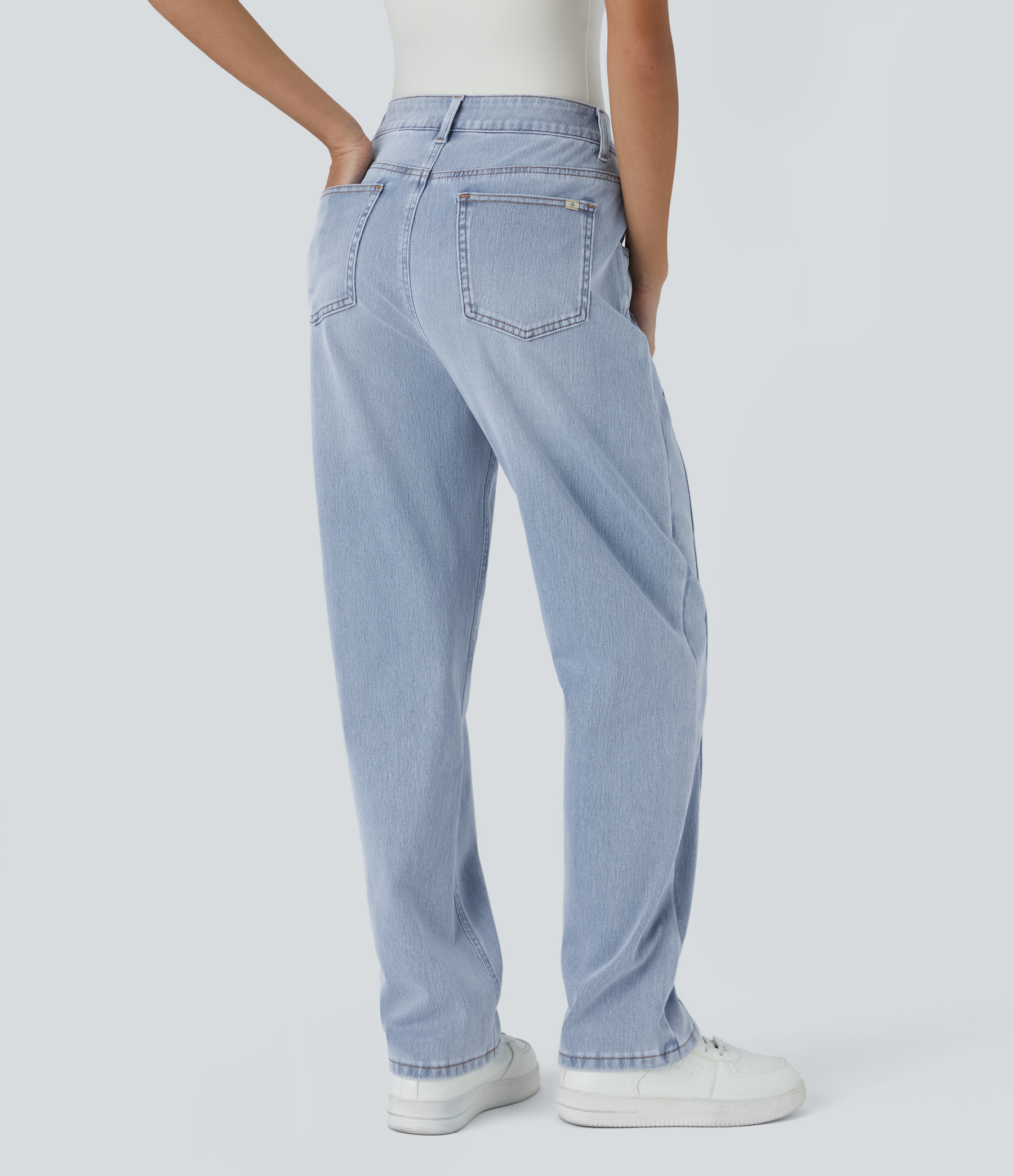 FlexHigh Waisted Zipper Pockets Washed Casual Jeans