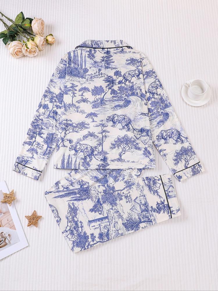 Women's 2-Piece Pajama Set, Leopard Print, Long Sleeve Button-Down Top & Elastic Pants, Casual Fall Winter Sleepwear