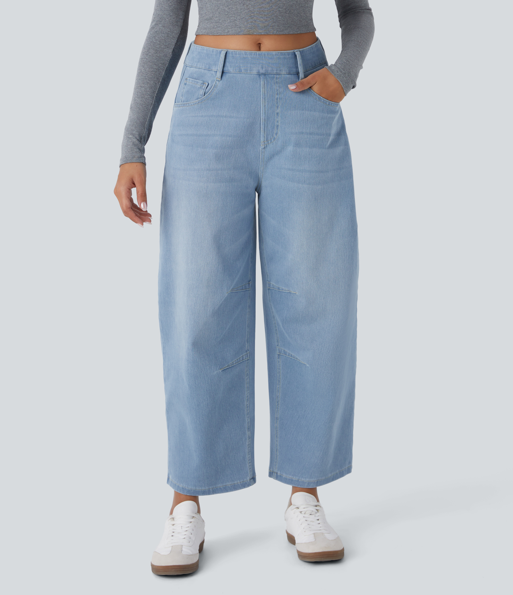 FlexMid Rise Pockets Barrel Leg Casual Jeans