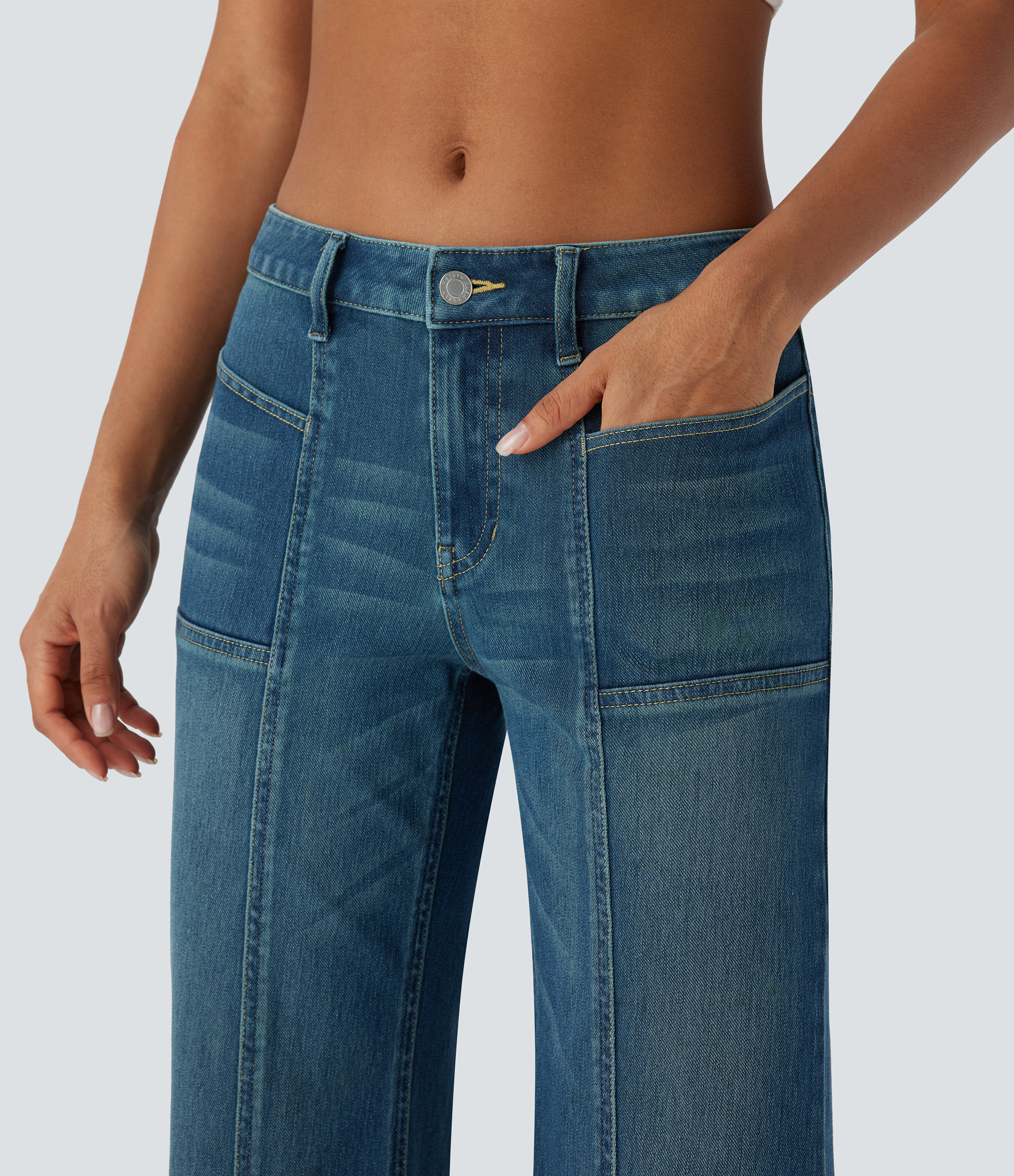 FlexLow Rise Zipper Pockets Baggy Wide Leg Flare Washed Casual Jeans