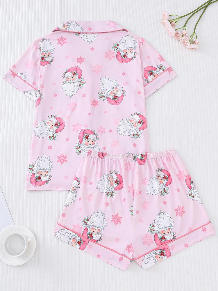 【Christmas】Women's Christmas Pajama Set, Soft Shirt Collar Top & Elastic Shorts, Fitted Casual Home Wear, Holiday Party Sleepwear