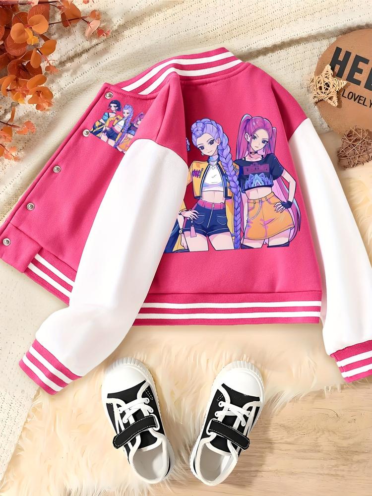 Kpop Anime Girl Print Fitted Jacket, Elastic Fabric, Girls' Street Style Sportswear, Fall & Winter Halloween Alternative