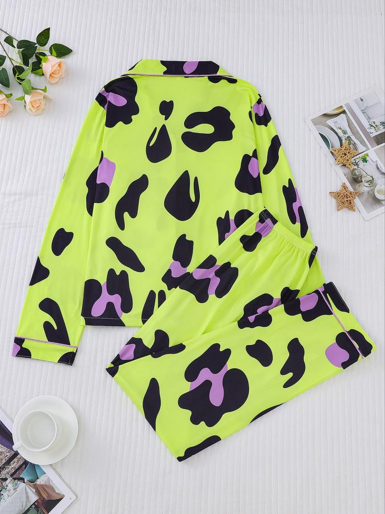 Women's Leopard Print Pajama Set, Casual Fitted Long Sleeve Top & Elastic Pants, Soft Comfortable Sleepwear for Fall Winter
