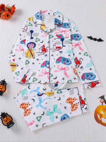 Women's Cartoon Print Pajama Set, Long Sleeve Shirt Collar Top & Elastic Pants, Casual Fall Winter Sleepwear, Comfortable Home Wear
