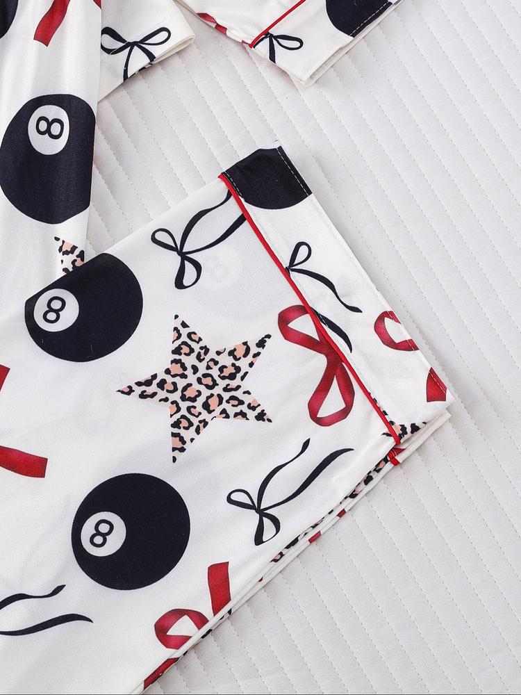 Women's 2-Piece Sleepwear Set, Holiday Party Pajamas, Long Sleeve Button-Down Soft Top and Loose Elastic Pants, Casual Home Wear