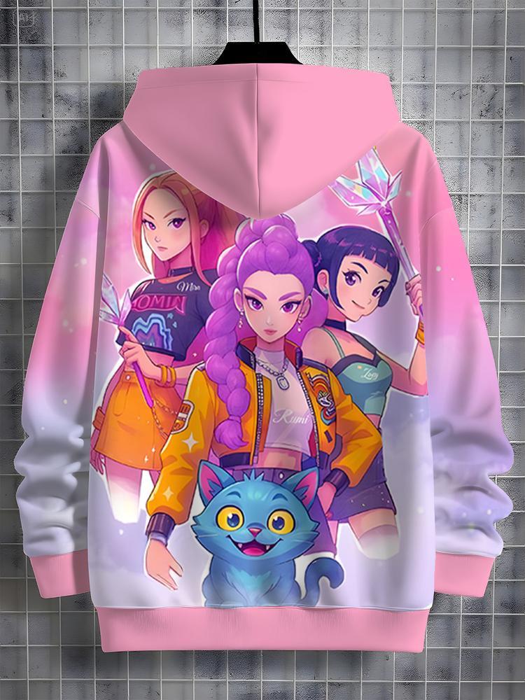 Girls Kpop Demon Hunters Korean Fashion Graphic Casual Hoodie, Spring & Fall Comfortable Sweatshirt, Cute Anime Character Print, Christmas Gift