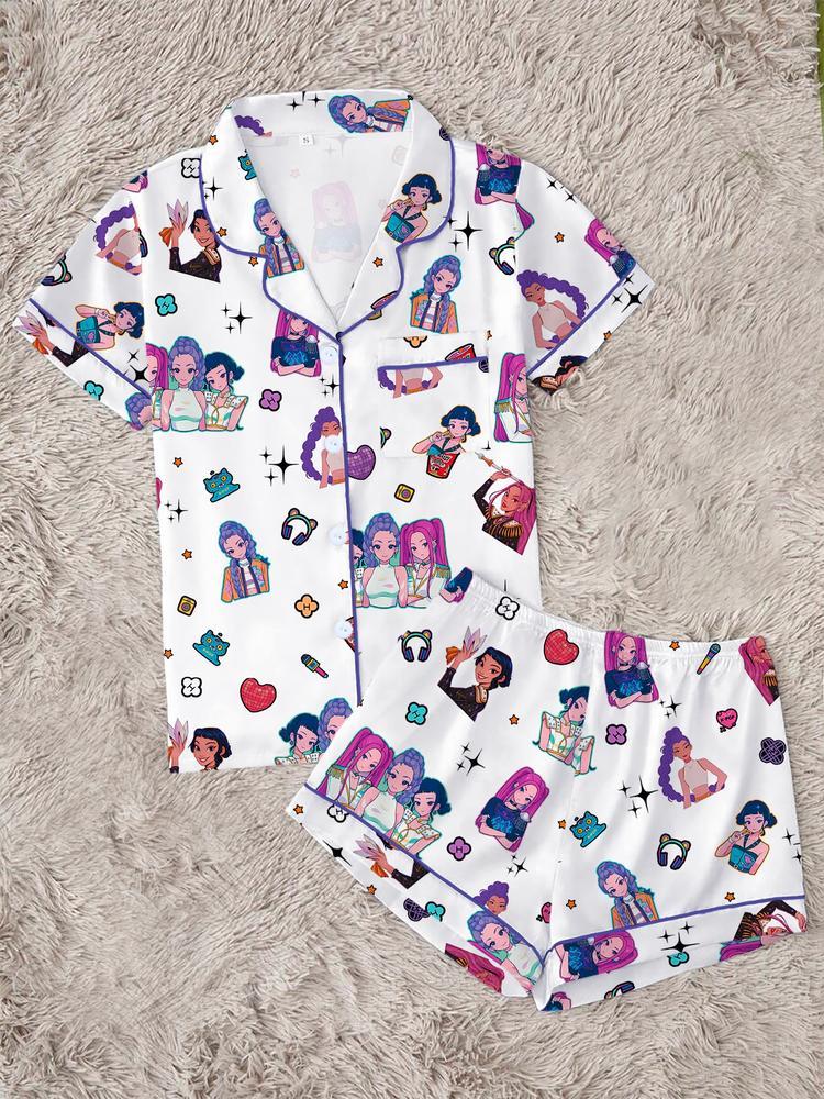 Women's K-Pop Demon Hunter Tiger Pajama Set, Two-Piece Short Sleeve Button-Up Top & Shorts, Comfortable Home Wear, Netflix Fan Gift