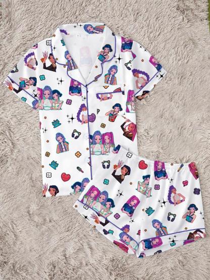 Women's K-Pop Demon Hunter Tiger Pajama Set, Two-Piece Short Sleeve Button-Up Top & Shorts, Comfortable Home Wear, Netflix Fan Gift