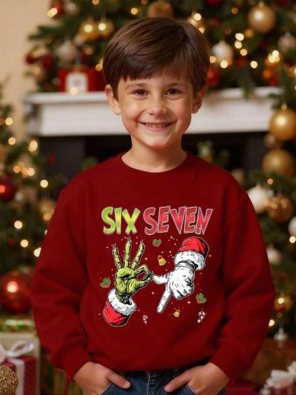 Boys' Spring & Fall Fashion Casual Creative Sweatshirt, Six Seven67 Christmas Series, Gesture Number 67 Print, Long Sleeve, Fitted