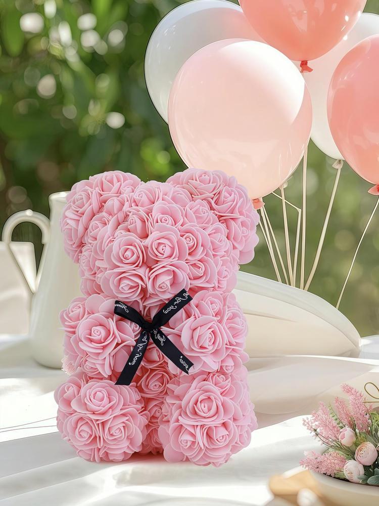 Rose Bear Gift Box, Including Bear Pendant Necklace & Artificial Rose Flower & Greeting Card & Gift Bag, Fashion Gift for Women & Girls
