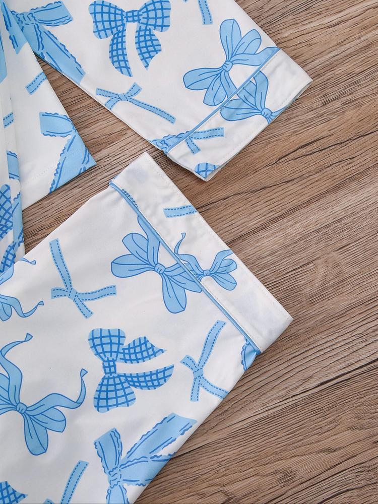 Women's 2-Piece Pajama Set, Bowknot Print, Holiday Party Sleepwear, Soft Shirt Collar Top & Elastic Pants, Casual Home Wear, Matching Pj Set