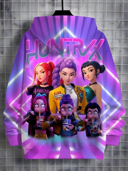 Girls Kpop Demon Hunters Series Light Aesthetic Hoodie, Casual Fall Winter Sportswear, Durable Random Print Design, Christmas Gift