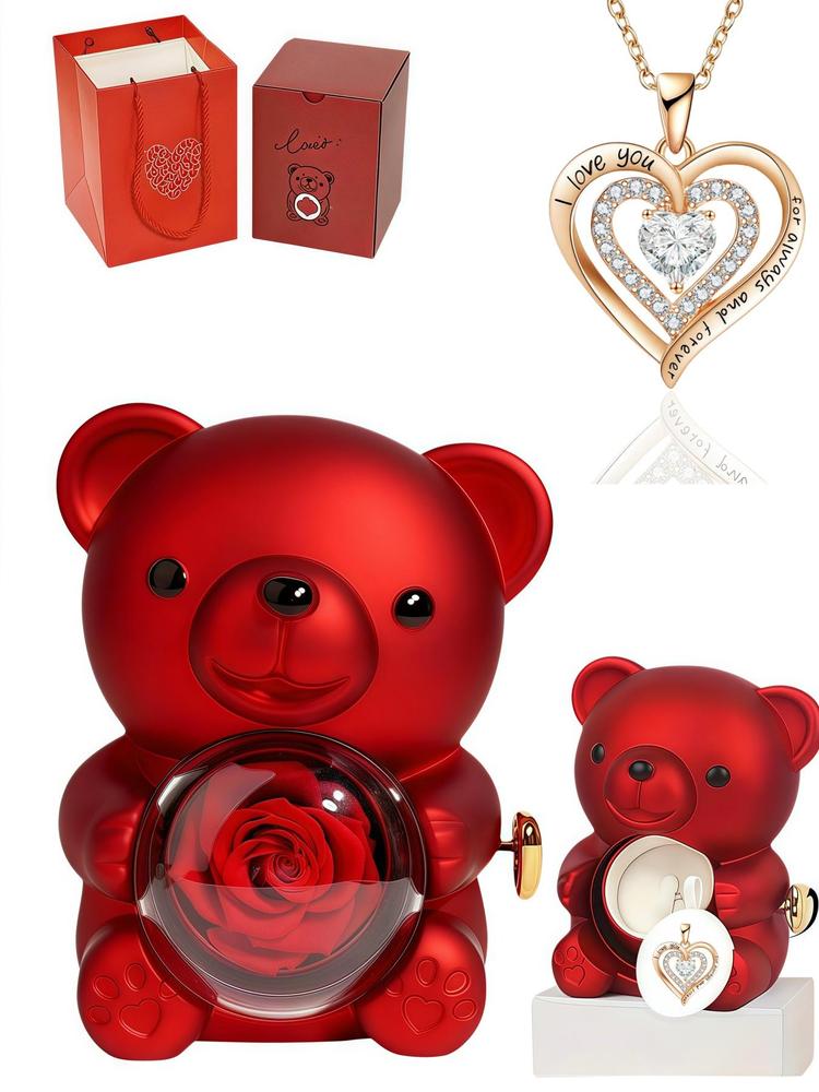 Heart Shaped Pendant Necklace with Bear Gift Box, Fashion Jewelry for Party, Daily Decor, Trendy All-match & Exquisite Jewelry for Birthday Gift
