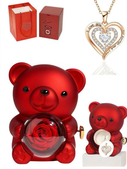 Heart Shaped Pendant Necklace with Bear Gift Box, Fashion Jewelry for Party, Daily Decor, Trendy All-match & Exquisite Jewelry for Birthday Gift