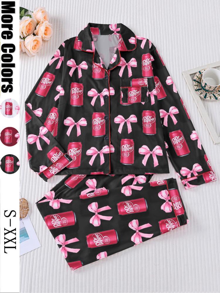 Women's 2-Piece Pajama Set, Long Sleeve Top & Elastic Pants, Casual Fall Winter Sleepwear, All over Print Design