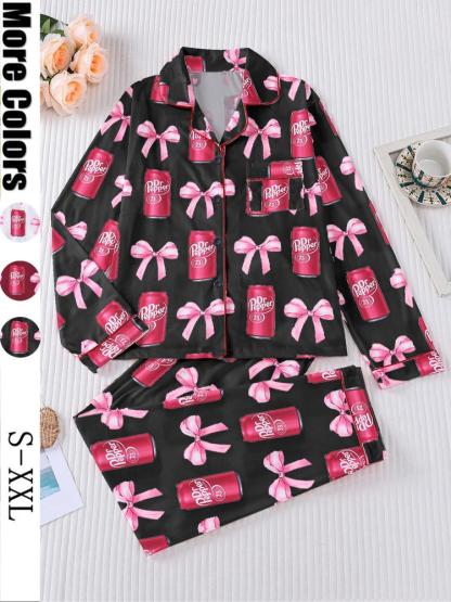 Women's 2-Piece Pajama Set, Long Sleeve Top & Elastic Pants, Casual Fall Winter Sleepwear, All over Print Design