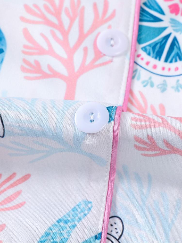 Women's 2-Piece Sleepwear Set, Turtle Print, Casual Fitted Long Sleeve Shirt & Elastic Pants, Soft Comfortable Home Wear Pajamas