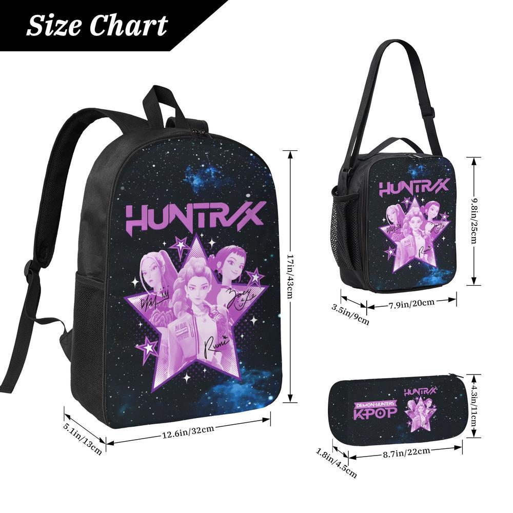 3PCS Large Capacity K-POP Demon Hunters Backpack Set - Black Laptop Schoolbag + Insulated Portable Lunch Bag + Pencil Case, Fashionable Functional Bag for Teens Men Women, Great for Daily Use & Gifts